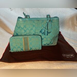 Coach Signature Teal Jacquard Tote Bag + Matching Accordion Zip Wallet Set